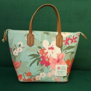 Spartina 449 Mint Floral Canvas Tote with Brown Handles